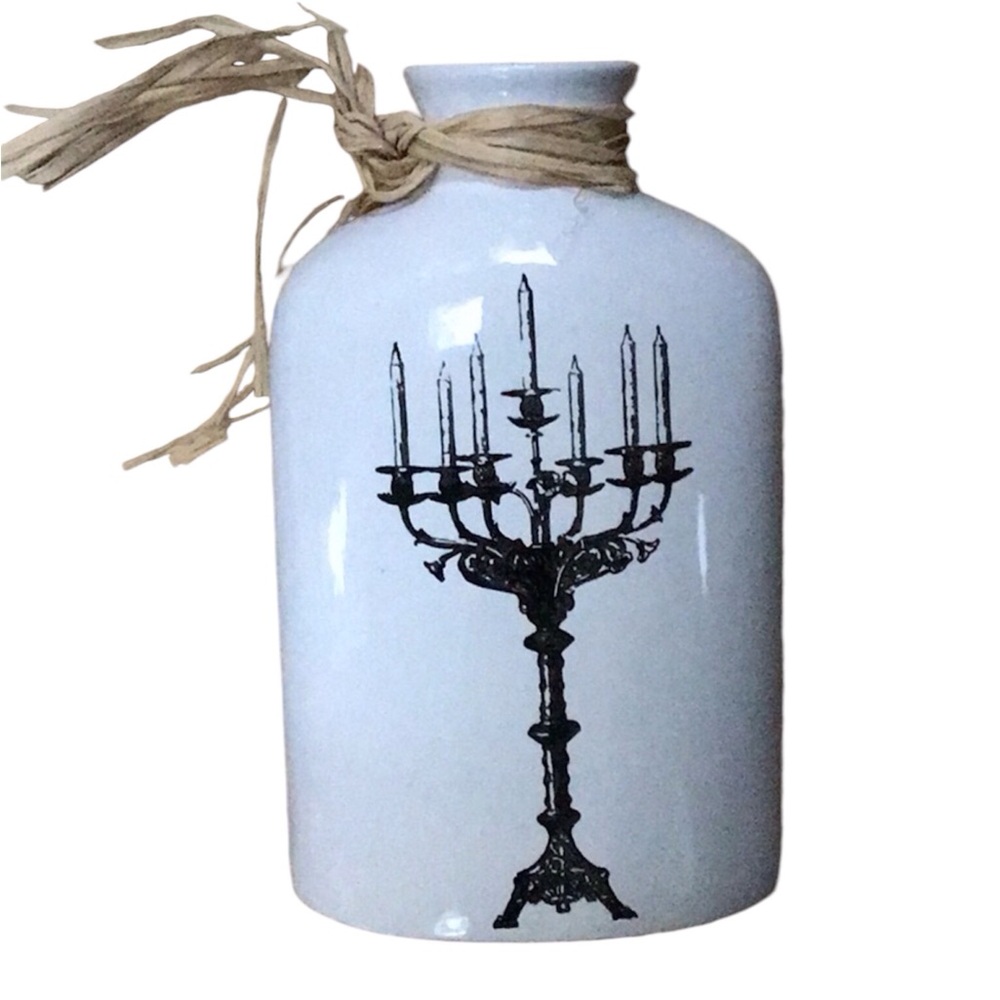 Makers Halloween White & Black Spooky Candelabra Raffia Tie Large White Vase NWT